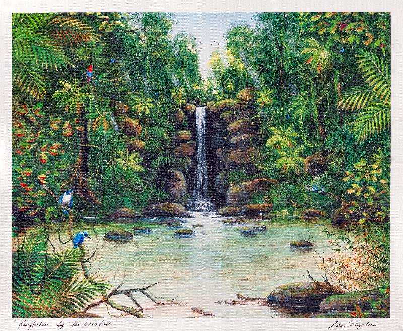 Kunst-20-Seib.jpg - "Kingfishers by the waterfall", Ian Stephens, Cairns 2024, print on canvas, w 42  × h 34 (Photo by Eva Speith)