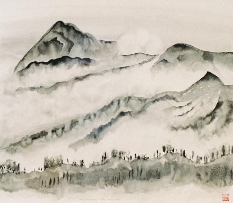 Seib-2010-Kunst-10-Dittrich.JPG - “Early morning in the mountains”, Gudrun Dittrich, Goroka 1998, chinese ink, w 64 × h 56 (Photo by Roland Seib)